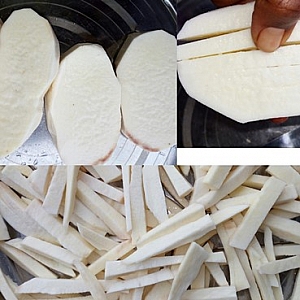 yam being cut into cubes and further cut into thin slices