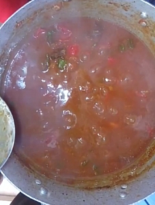 A pot of stuffed pepper soup, after the vegetables are well soften