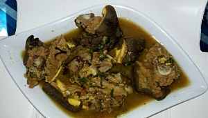 Enjoy your goat meat pepper soup with boiled plantain or rice.