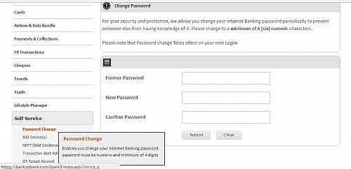 Changing of Password of internet banking account