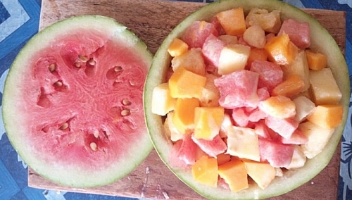 This fruit salad if perfect for picnic especially during summer, you can scoop the other water melon flesh out and use it as a lid for your fruit salad