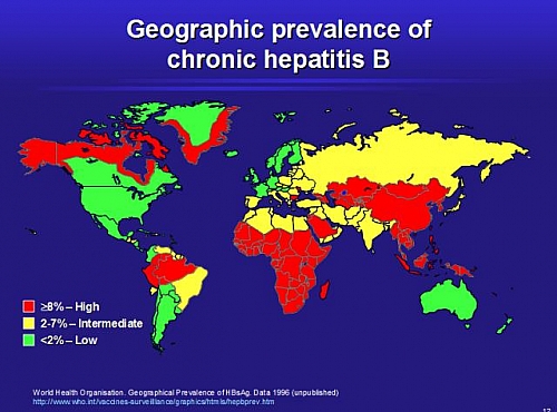 W.H.O (World Health Organization) Hepatitis B Map showing the Prevalence rate across the countries of the World