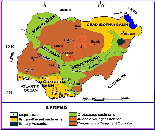 Map of Nigeria showing the two types relief features- Uplands and lowlands 