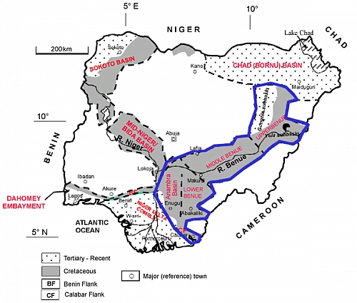 Map of Nigeria showing sedimentary basins and the location of the Benue Trough including the Anambra Basin