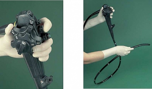 Picture of a colonoscope showing the handle and the scope