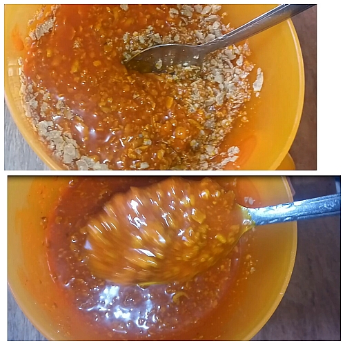 Mixing of ogbono with palm oil- this will help the ground ogbono to dissolve quickly and cook easily