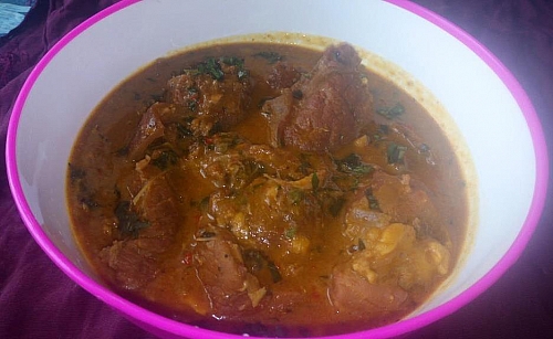 Spicy peanut soup; this soup can be paired with boiled rice or eba