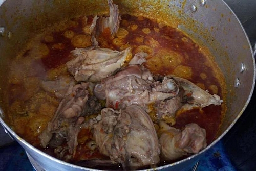 Return the cooked meat to the soup after the soup has simmer for 5-10 minutes