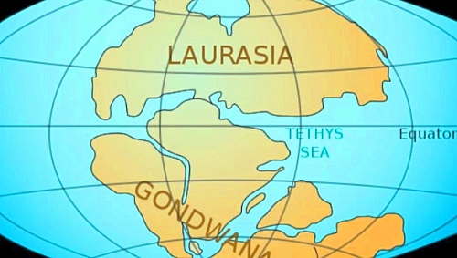 LAURASIA and GONDWANALAND, the two great continents that make up the world land in the Mesozoic era