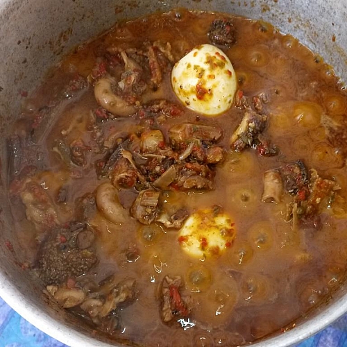 Ofada stew is ready once all the ingredients are combined