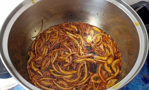 Fry the onion until it caramelizes and fragrant