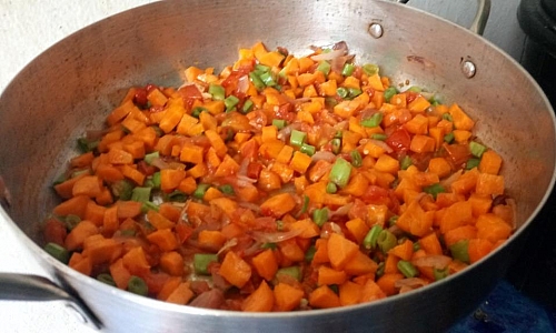Once the onion and garlic are fragrant, add carrots and green beans and stir fry for 2 minutes since they are tougher than other vegetables