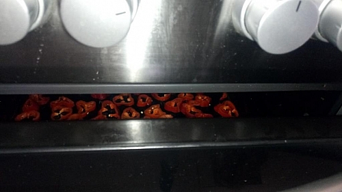 Still on the drying process, the oven door is slightly opened to allow a little air