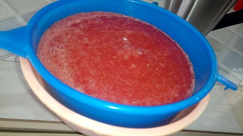 After blending the tomato into a smooth puree, strain with a strainer