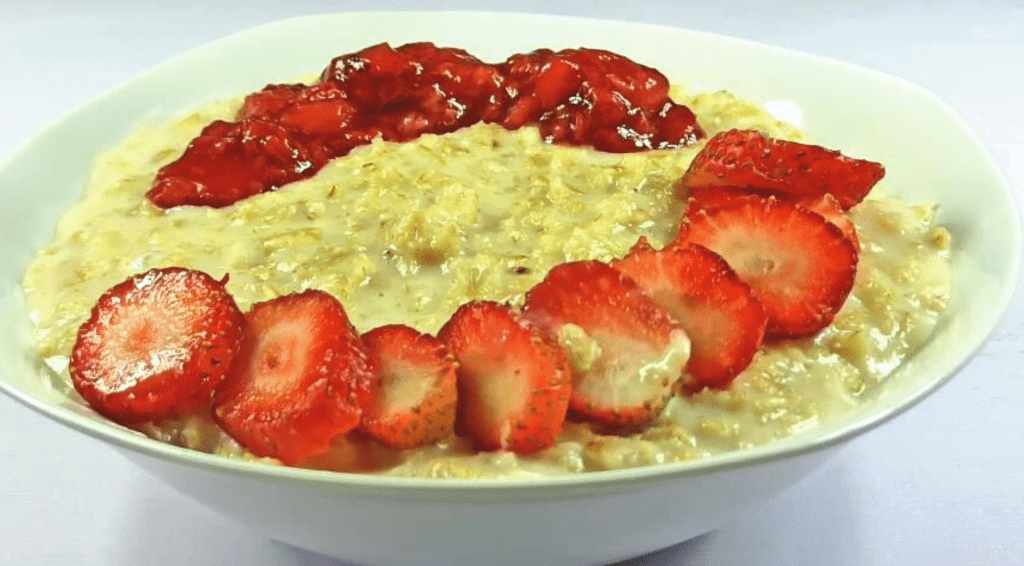 Strawberry used as a topping for oatmeal recipe